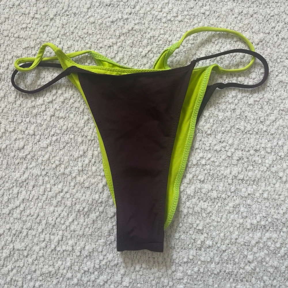 NWT Zara Double Bikini Bottom Swim Suit Size Medium Brown Neon Green Vacation - Picture 3 of 11
